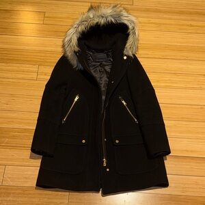 J Crew Hooded Coat with Faux Fur Trim